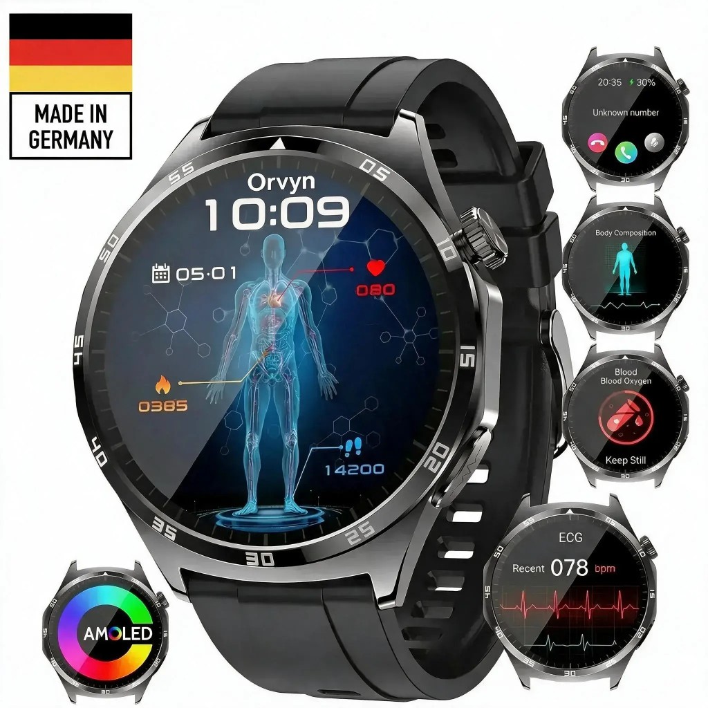 Orvyn smartwatch showing battery life, sports modes and health tracking on its display